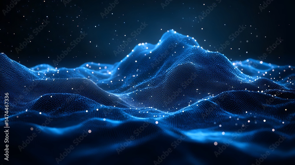 Aufkleber Abstract blue wireframe landscape on dark. Data visualization of terrain. Mountain peaks and valleys interconnected with dots resemble a topographical map. Starry particle backdrop.