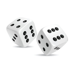 White photorealistic 3d cube for games. Dice icon in flight closeup isolated on white background. Vector illustration.