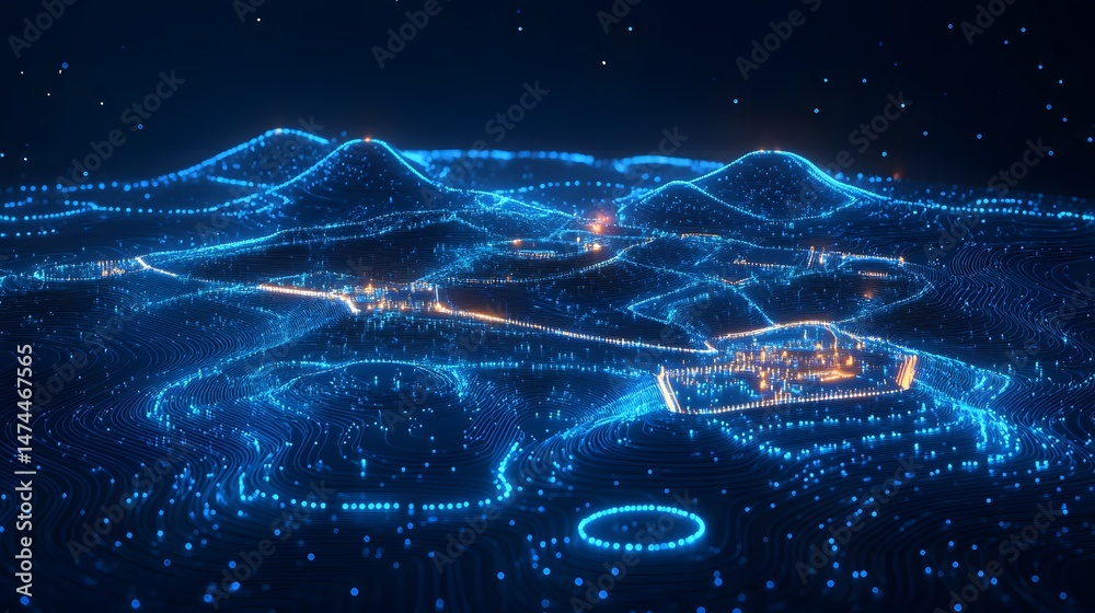 Aufkleber abstract topographical map with glowing blue lines forming mountains on a dark background. orange li