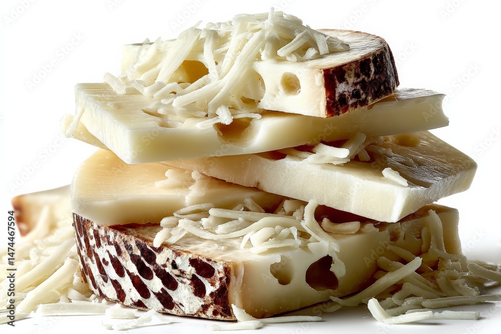 Aufkleber cheese stacked high with shredded topping on a white background showcasing various textures and laye