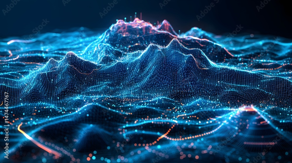 Poster digital landscape with blue wireframe topography and glowing data points. red and orange lines depic