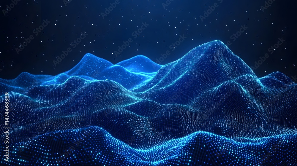 Aufkleber futuristic digital landscape with a blue grid terrain and starry sky. abstract wireframe in dark blu