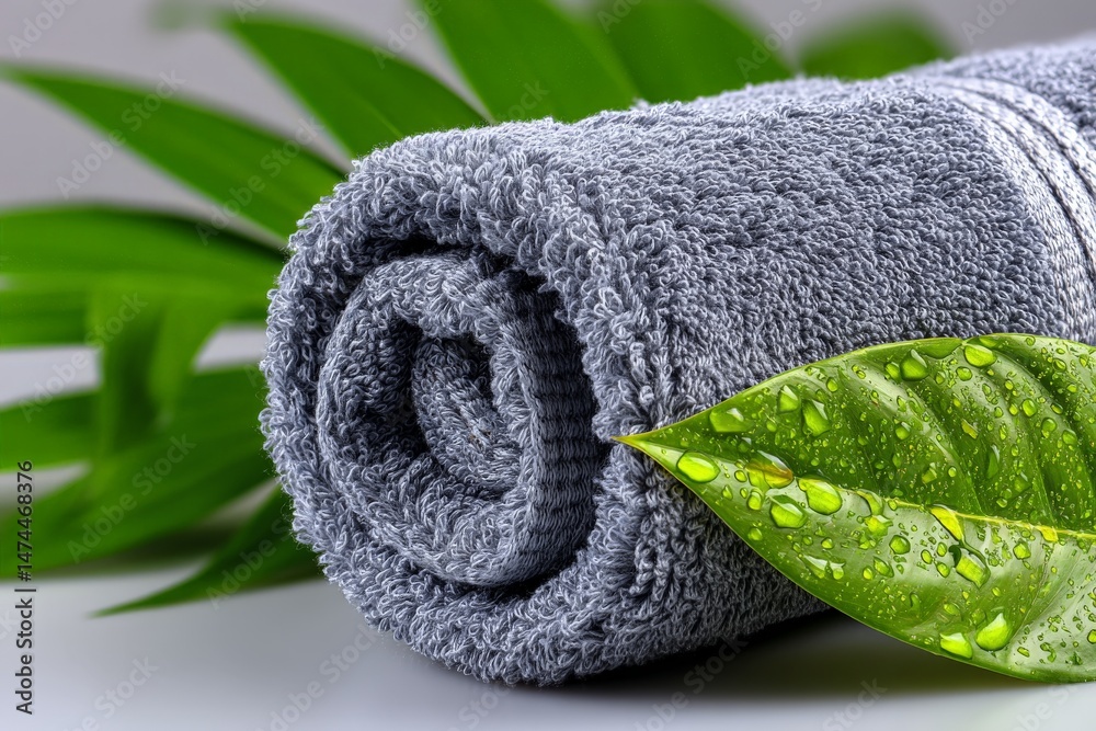 Poster Soft gray towel rolled with fresh green leaf on a subtle background for spa or relaxation setting