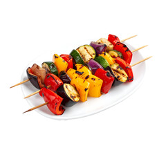 Colorful grilled vegetable skewers on a white plate, delicious vegan food