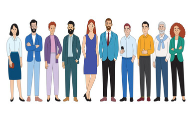 Business Team Avatar Set Diverse Office Staff Vector in Formal Attire. Flat Design Vector of Diverse Business People Standing in a Row. Corporate Office Characters in Flat Style.
