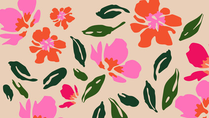 Bright floral pattern with bold pink, red flowers and green leaves on beige background. Decorative design ideal for textiles. Editable vector EPS10.