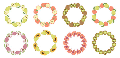 Fruit frame set. Round wreath, border of fruits. Fruits icons. Hand drawn Fruits circle border. 