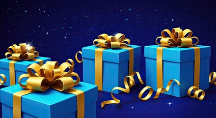 Elegant Blue Gifts with Golden Bows & Ribbons on a Serene Blue Background