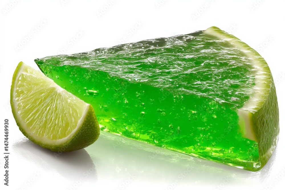 Poster refreshing lime gelatin dessert on a clean white background with a lime wedge beside it