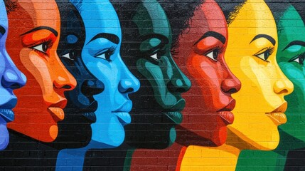 A mural depicting faces of different races in vibrant colors.