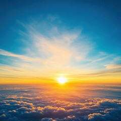 Fototapeta premium Aerial View of a Vibrant Sunset over a Sea of Clouds in a Blue Sky at Golden Hour in Nature Photography