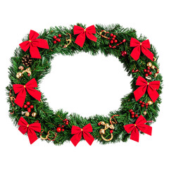 Festive christmas holiday wreath decorated with red bows isolated on white