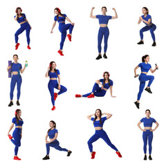 Women in blue sportswear on white background, collage