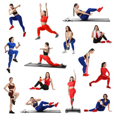 Women in different sportswear on white background, collage