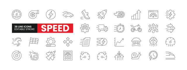 Set of 36 Speed line icons set. Speed outline icons with editable stroke collection. Includes Speedometer, Turbo, Jet, Horsepower, Performance, and More.