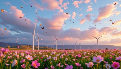wind turbine field with butterflies and pastel skies, sparkles all around