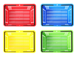 Fototapeta na wymiar Shopping baskets in different colors isolated on white, set. Top view