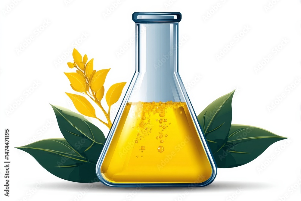 Poster bright yellow liquid in laboratory flask surrounded by green leaves and yellow plant elements repres