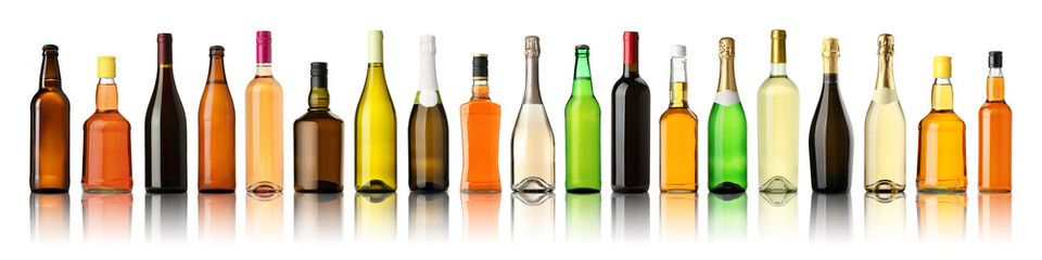 Bottles with different types of alcoholic drinks isolated on white, set