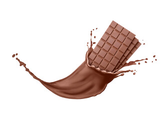 Chocolate pieces and splash of cocoa drink in air on background
