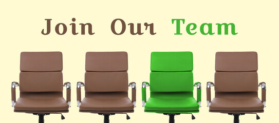 Join Our Team. Empty green office chair among brown ones on beige background, banner design....