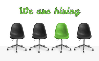 We Are Hiring. Empty green office chair among black ones on white background. Recruitment, human...