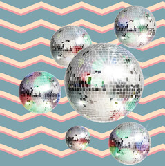 Shiny disco balls on color background, creative collage
