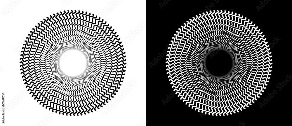 Aufkleber Lines in circle abstract background. Sun cocept. Black shape on a white background and the same white shape on the black side.