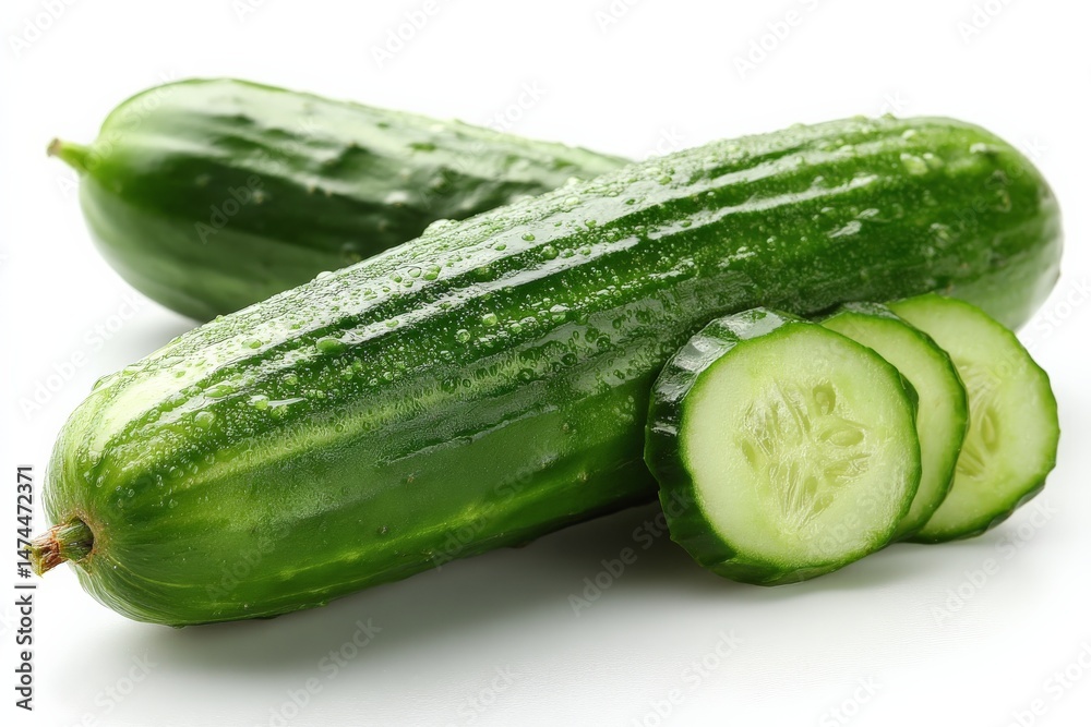 Poster fresh cucumbers with droplets of water on a clean surface, showcasing slices and whole vegetables in