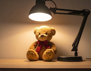 Adorable teddy bear illuminated by lamp on cozy desk, a warm and inviting study corner