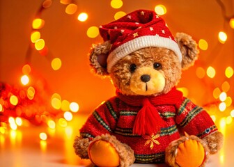 Christmas Teddy Bear Double Exposure: Festive Street Decor Closeup