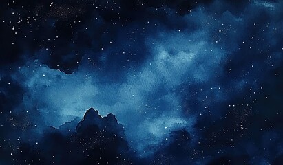 Watercolor night sky with blended deep blue, light blue clouds, and white stars.