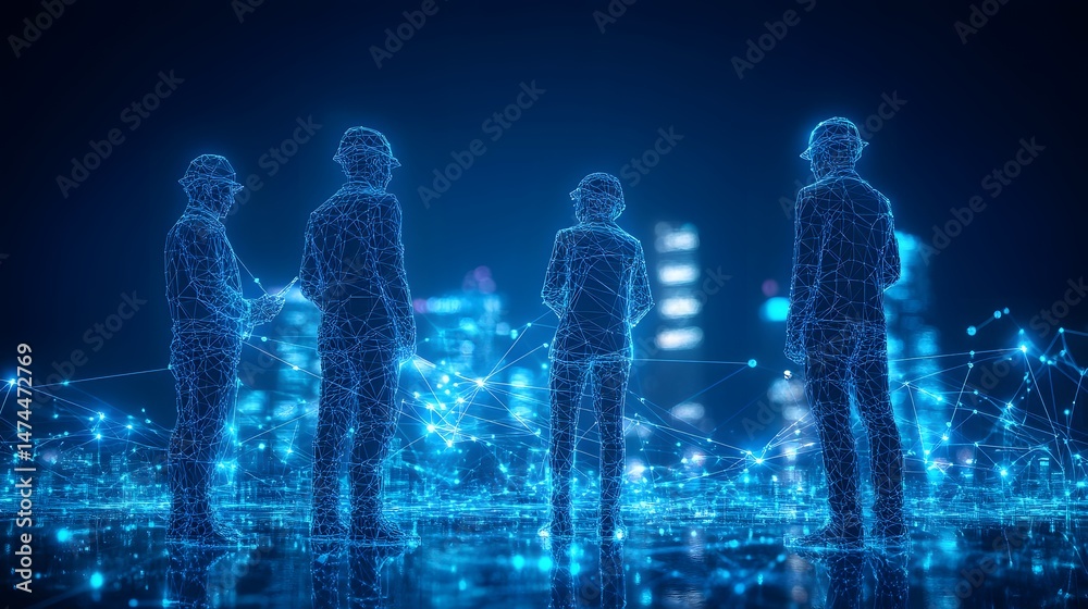 Poster futuristic construction team overlooks a digital city. wireframe figures and city glow in blue, merg