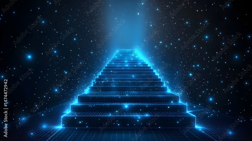 Poster ascend to a digital realm on a blue grid staircase amidst a galaxy of stars. a futuristic escape int