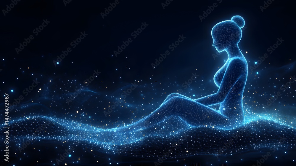 Poster ethereal digital woman meditating on a shimmering landscape. a calming abstract wireframe in dark bl