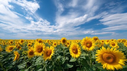 Obraz premium A wide field filled with vibrant yellow sunflowers stretches toward the horizon, basking under a clear blue sky with fluffy white clouds. The scene radiates warmth and beauty