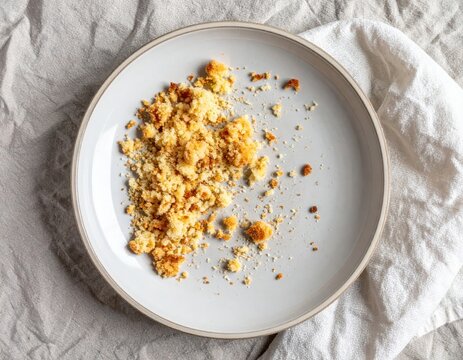 Closeup of a single slice of bread on white plate, minimalist food study