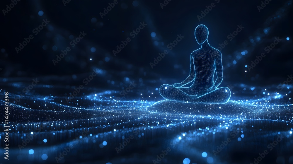 Poster Abstract wireframe rendering of a meditating figure composed of glowing blue light grids. Seated in lotus pose on a luminous landscape. Ethereal digital art. Abstract wireframe in dark blue.
