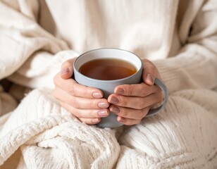 Woman finds comfort and serenity in a warm cup of tea, moment of tranquility