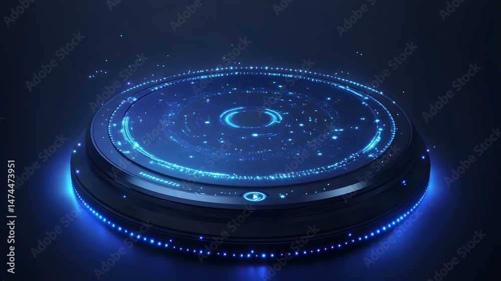 Poster Futuristic platform emitting blue light. Concentric rings and scattered lights create a technological feel. Perfect for science fiction or tech concepts. Abstract wireframe in dark blue
