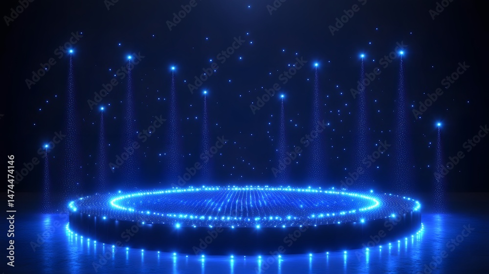 Aufkleber Futuristic stage bathed in ethereal blue light creates a captivating spectacle. Reflective surface amplifies the otherworldly atmosphere. Abstract wireframe in dark blue.