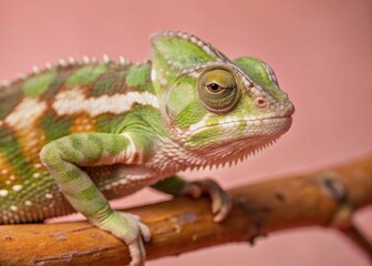 Obraz premium Close-up of a Green Chameleon on a Branch in Lush Foliage - Documentary Style Stock Photo