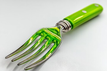 Unique green-handled fork resting on a light surface showcasing its sleek design and shiny tines