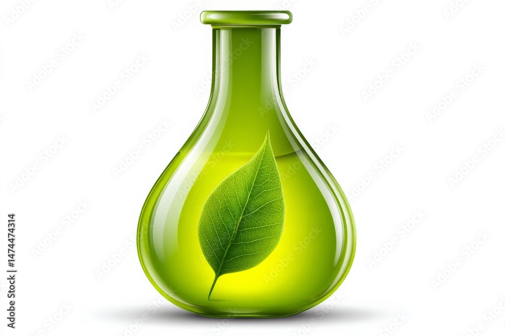 Poster glass flask with green liquid and leaf highlights botanical concepts of sustainability and nature co