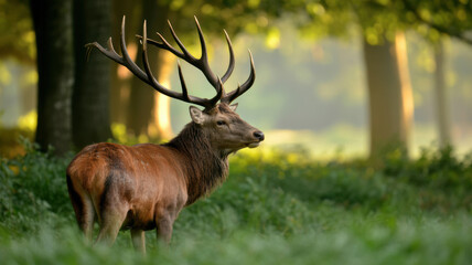 Majestic red deer in golden morning light, serene forest backdrop. A moment of natural grace and tranquility.
