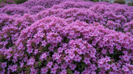 Fototapeta premium Floral background of pink flowers Phlox subulate. Carpet of purple flowers of Phlox in the spring garden. Phlox subulate ground cover plant for rock garden.