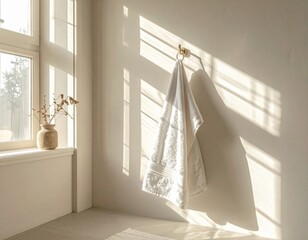 Sunlit sanctuary, soft white towel hanging on window sill, embracing natural light and tranquility