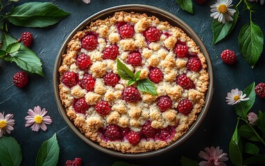 Freshly baked raspberry crumble pie surrounded by decorative leaves and flowers.