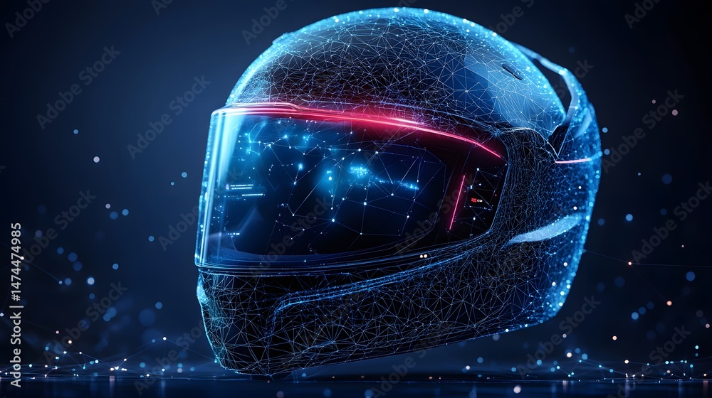 Poster Futuristic blue motorcycle helmet with networked display. Holographic design featuring interconnected lines and points against a dark blue, bokeh background. Abstract wireframe in dark blue