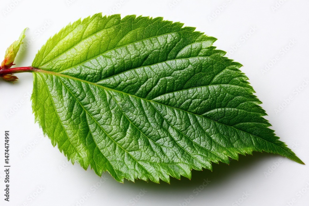 Poster close-up view of a vibrant green leaf showcasing intricate leaf structure and veins
